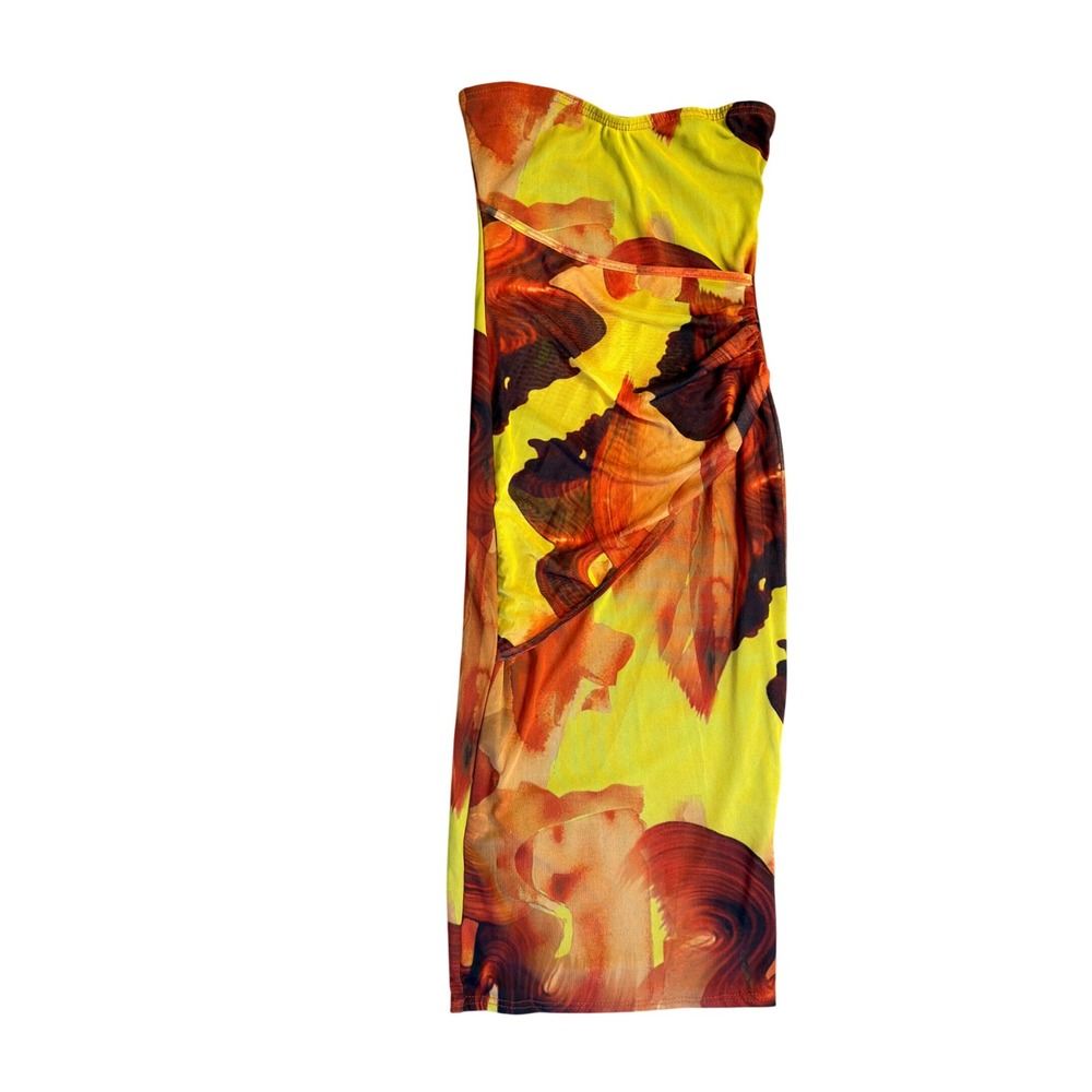 PrettyLittleThing Maxi Dress US 6 Abstract Print Strapless Cutout Ruched Y2K